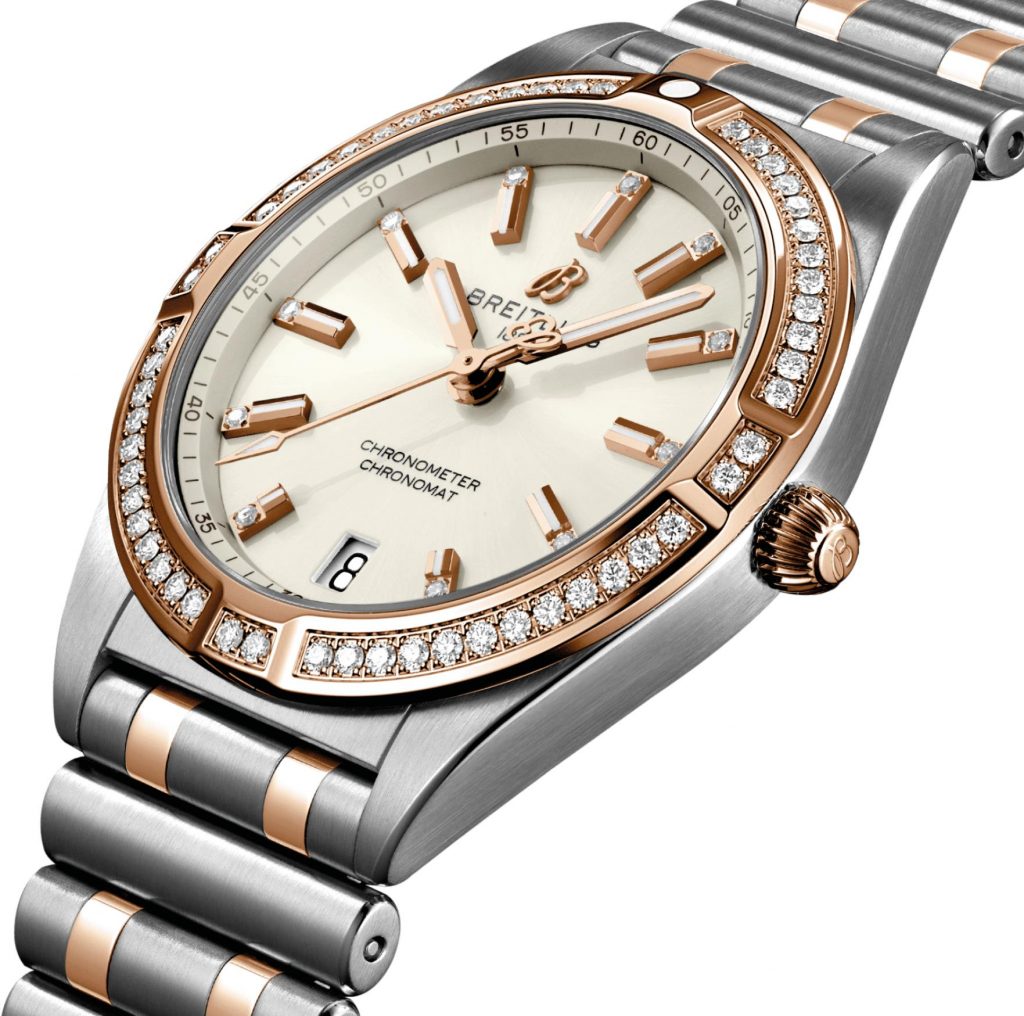 The silvery dial fake watch is decorated with diamonds.