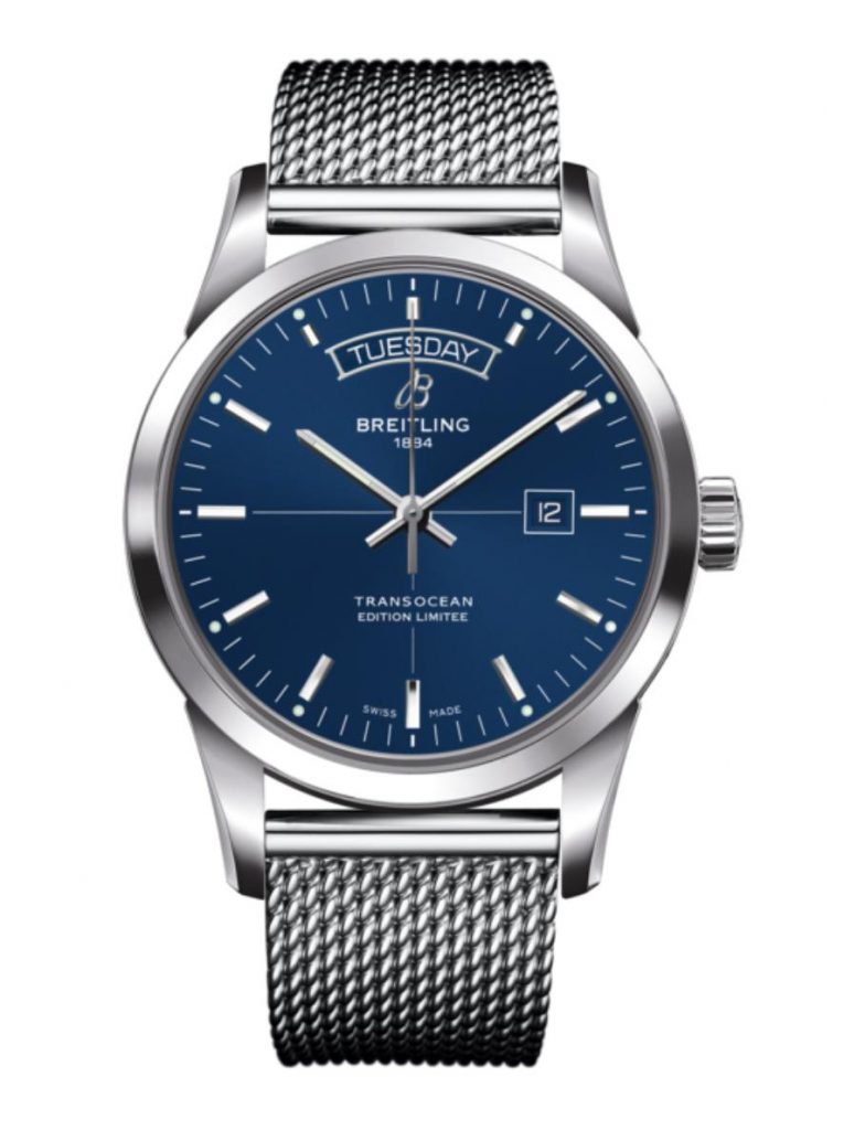 The stainless steel fake watch has a blue dial.