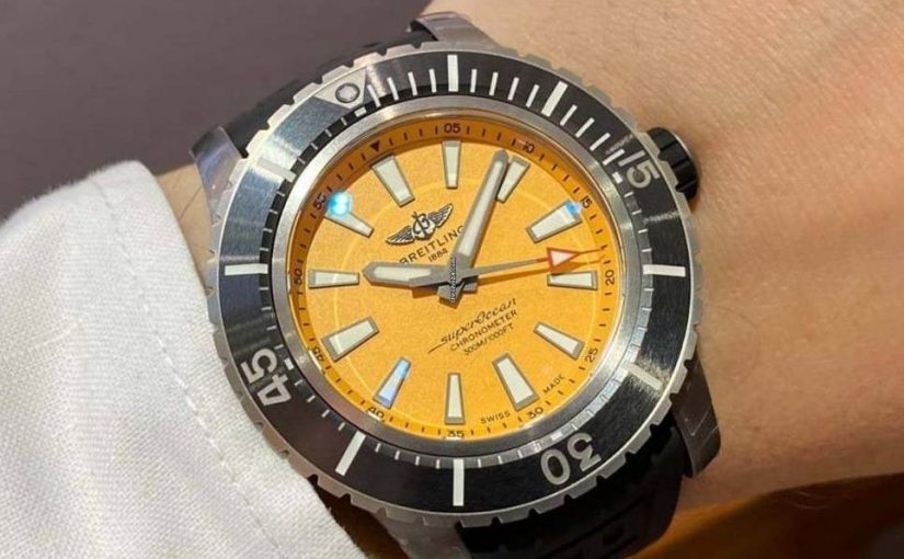 The 48mm replica watch has a yellow dial.