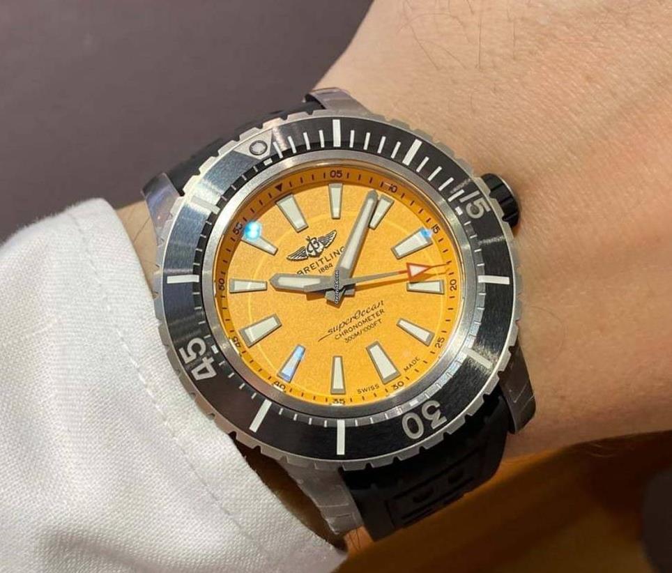 The 48mm replica watch has a yellow dial.