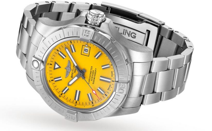 The stainless steel fake watch has a yellow dial.