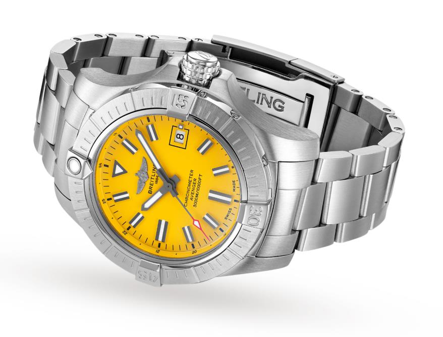 The stainless steel fake watch has a yellow dial.